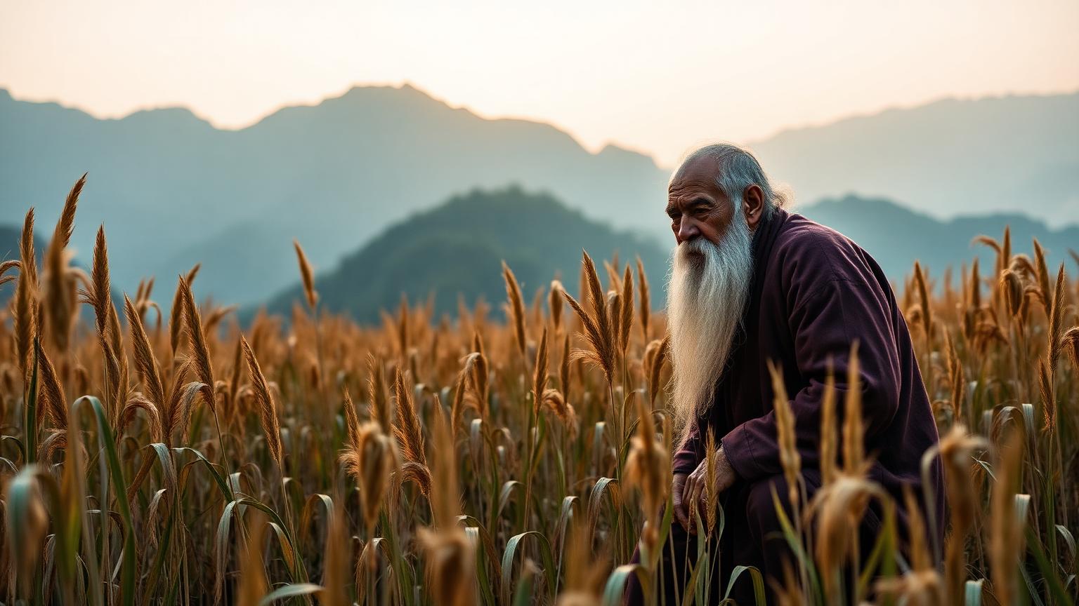 Agricultor idoso em plantação de cânhamo na China Antiga