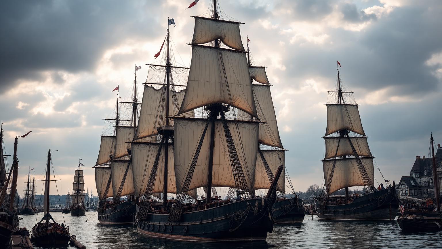 Navios do século XVI com velas e cordas de cânhamo