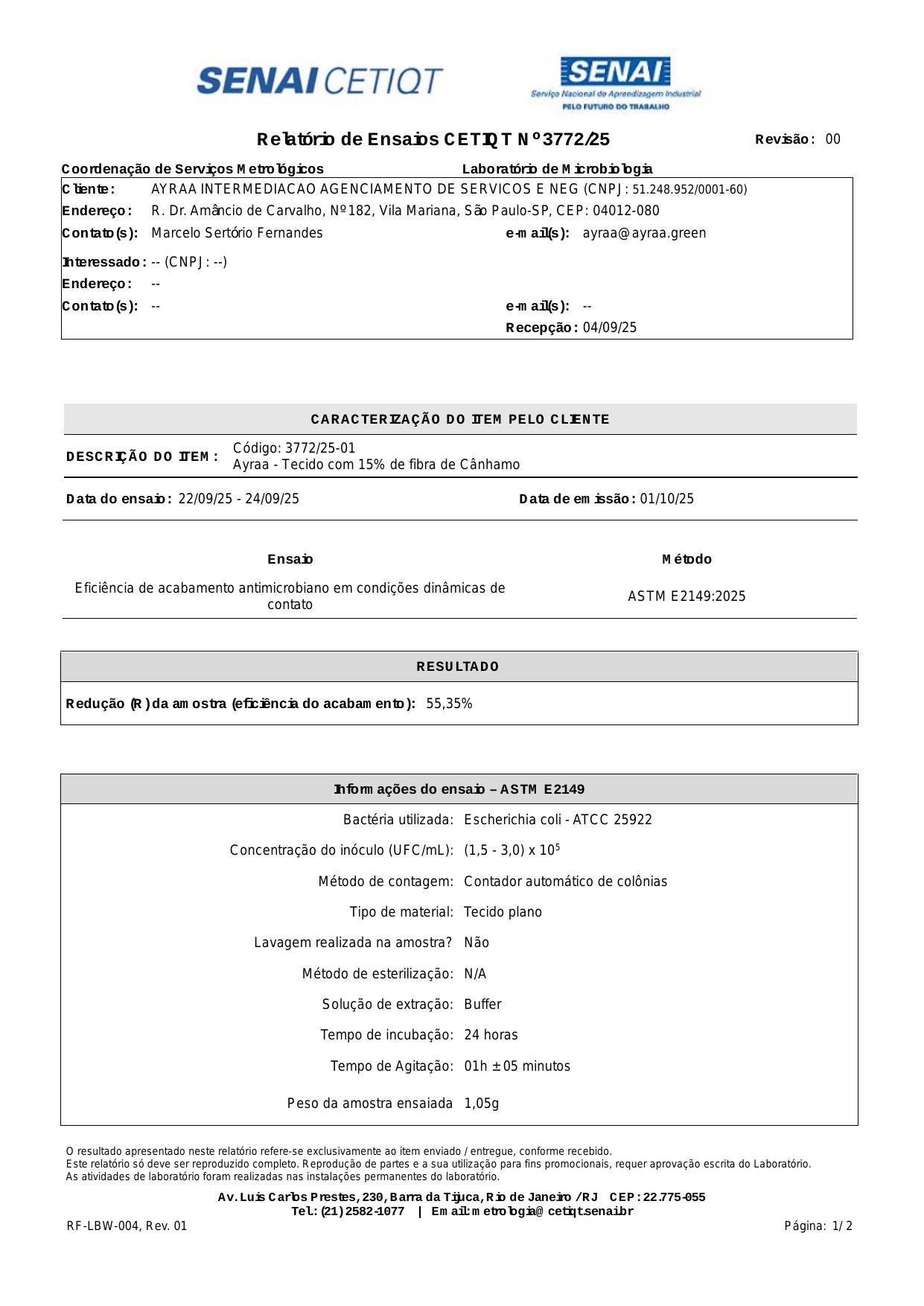 Relatório Nº 3772/25 — Ação antibacteriana · 15% cânhamo