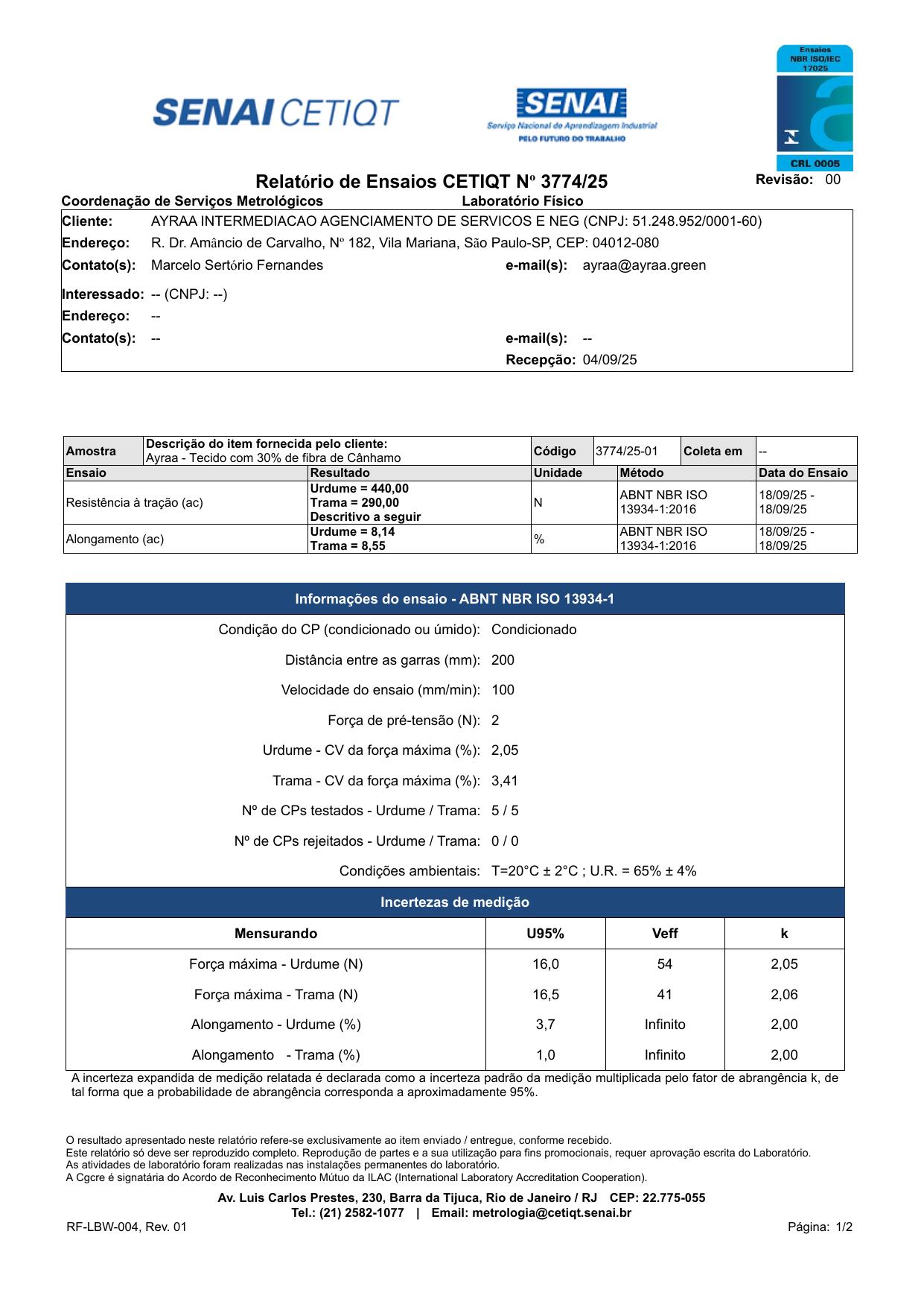 Relatório Nº 3774/25 — Resistência à tração · 30% cânhamo